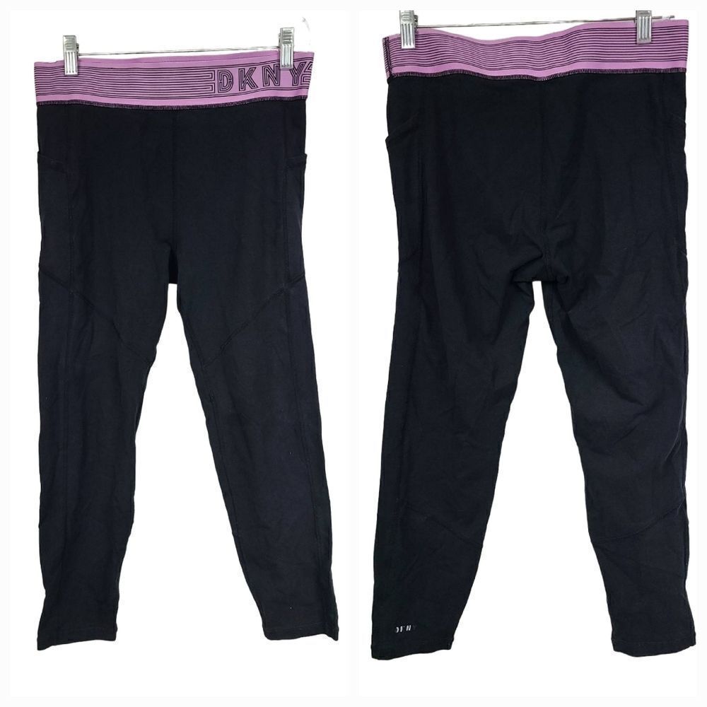 DKNY Sport High Waist Compression Leggings Side Pockets Track Logo Black/Pink L - Picture 3 of 12